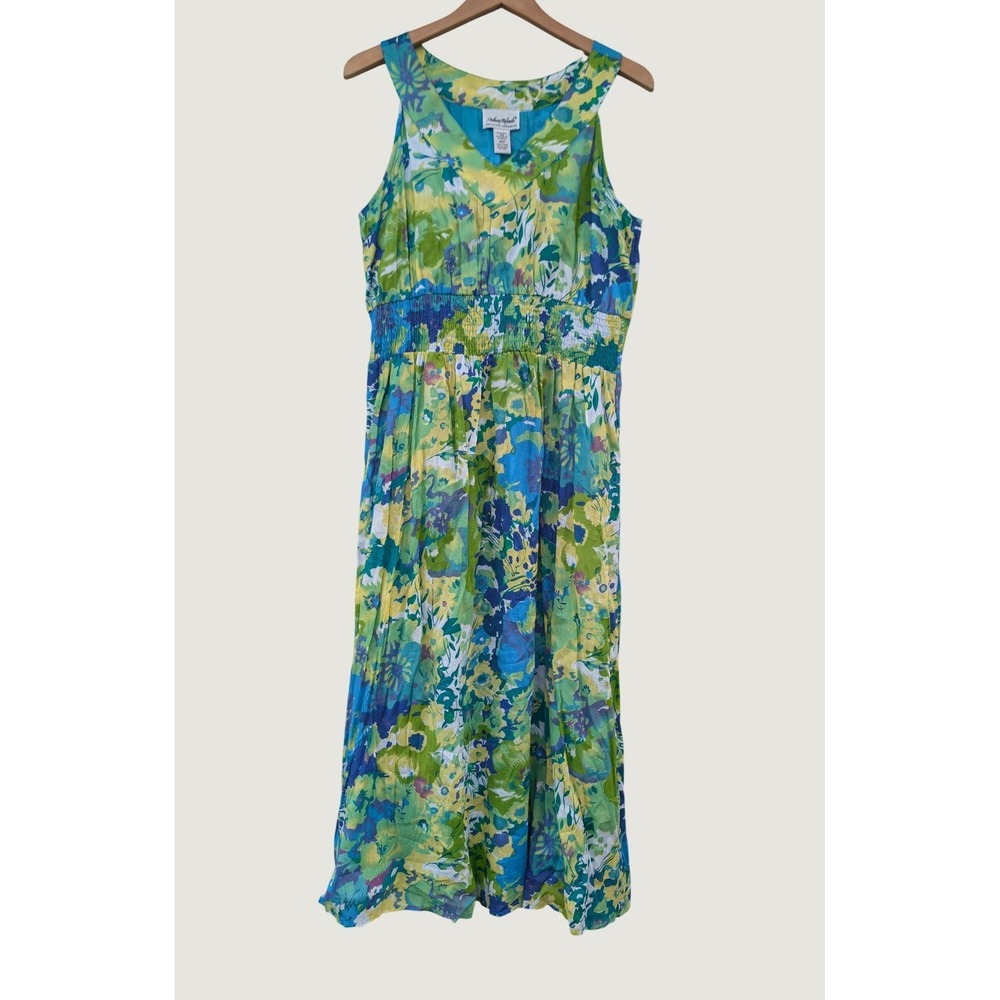 Anthony Richards Smocked Maxi Dress Womens 1XP Blue Green Floral 100 Cotton